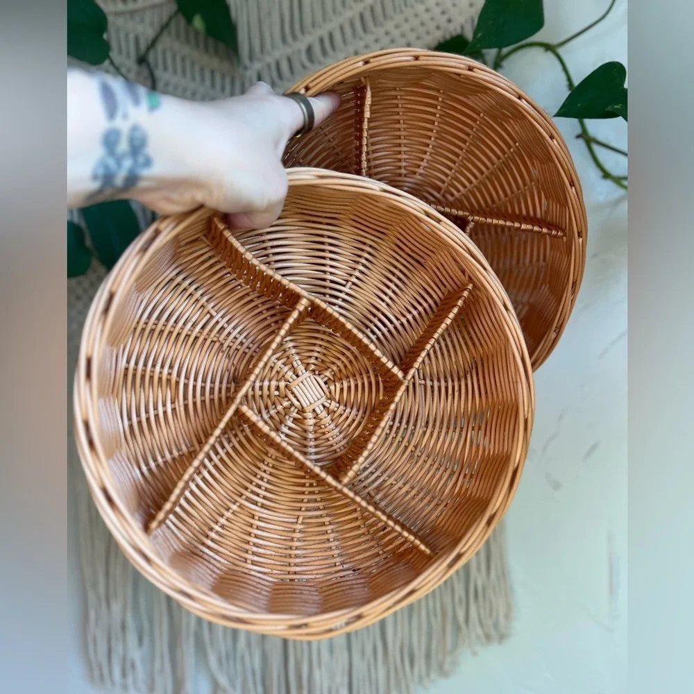 Vintage Wicker Divided Snack Baskets – Boho Farmhouse Kitchen – Round (Set of 2)